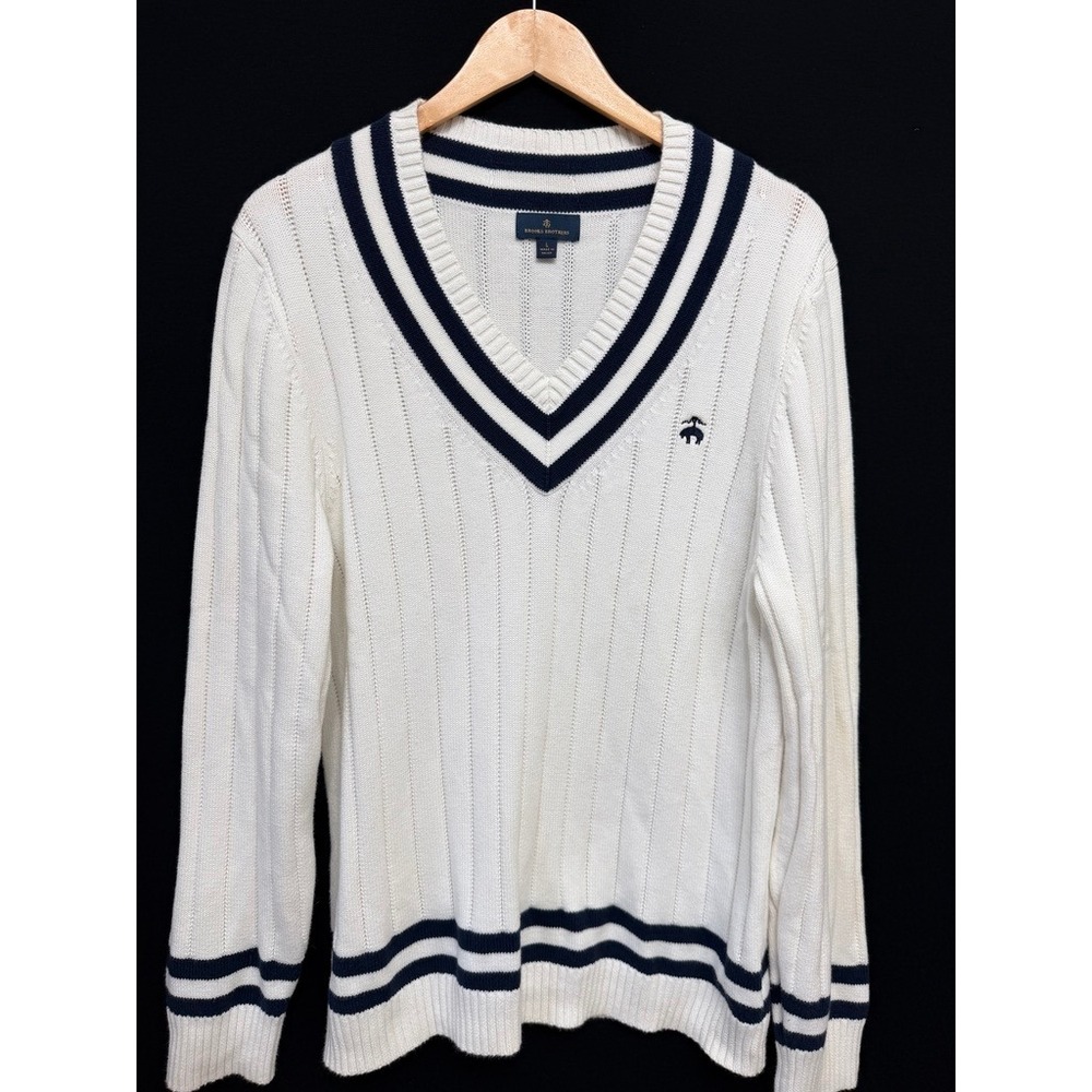 Brooks Brothers 100% Cotton Cable-Knit Cricket Tennis Sweater Large White Navy